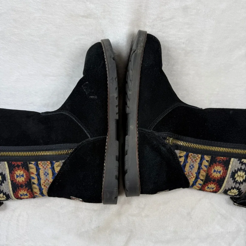 Lam Malanie Black Suede‎ Southwestern Tribal Buckle Mid-Calf Winter Boots 7